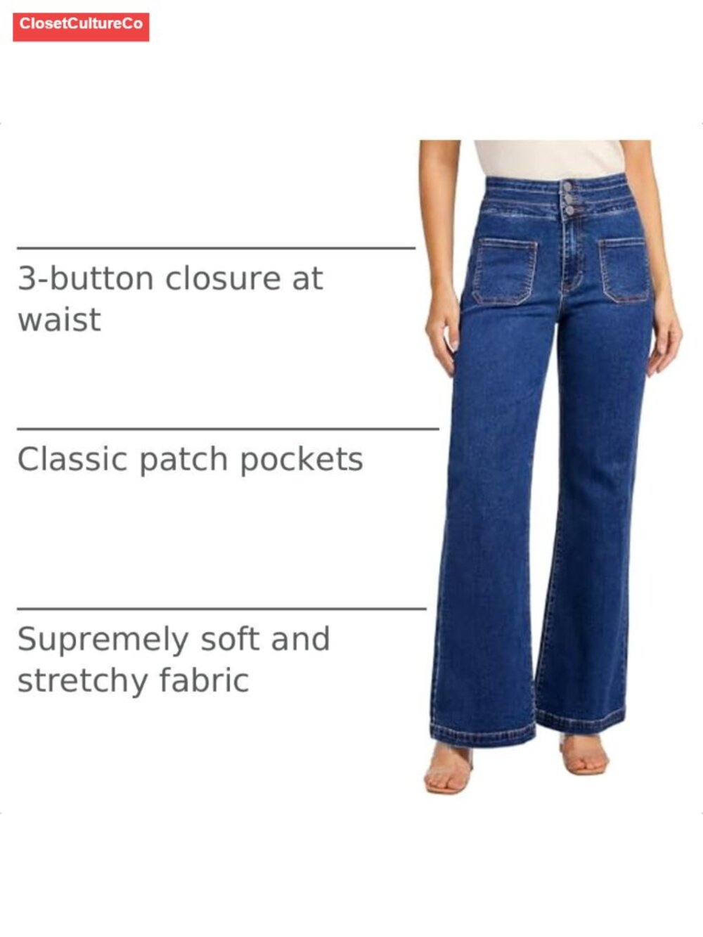 Wide Leg High Rise Jeans for Women Stretch Denim - Picture 3 of 6